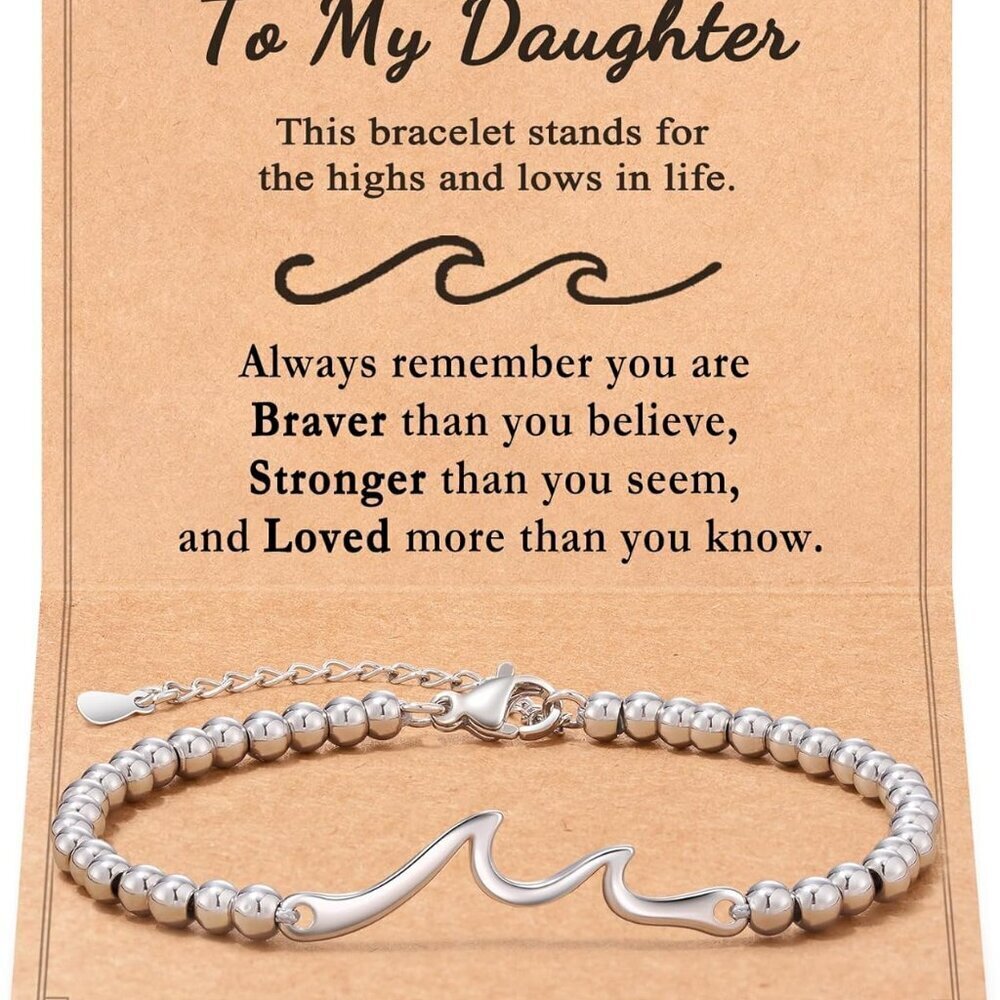 Wave Bracelet Stainless Steel 6.5in+2in Extension Daughter Gift Jewelry - Picture 1 of 7